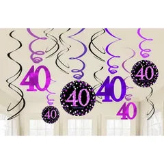 PINK CELEBRATION 40TH BIRTHDAY SWIRL DECORATIONS (PACK OF 12)