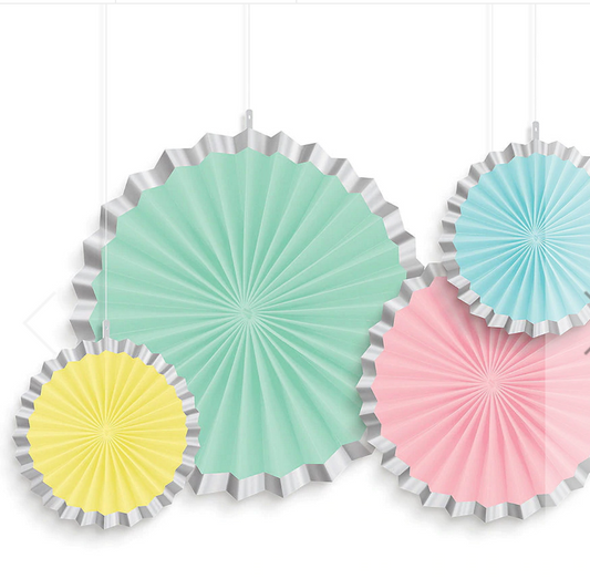 PASTEL COLOURED AND SILVER RIM PAPER FAN DECORATIONS (PACK OF 4)