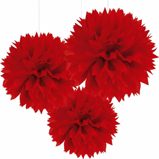 RED TISSUE PAPER POM POM BALLS (PACK OF 3)