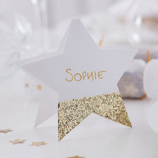 GOLD GLITTER STAR CHRISTMAS PLACE CARDS PK6