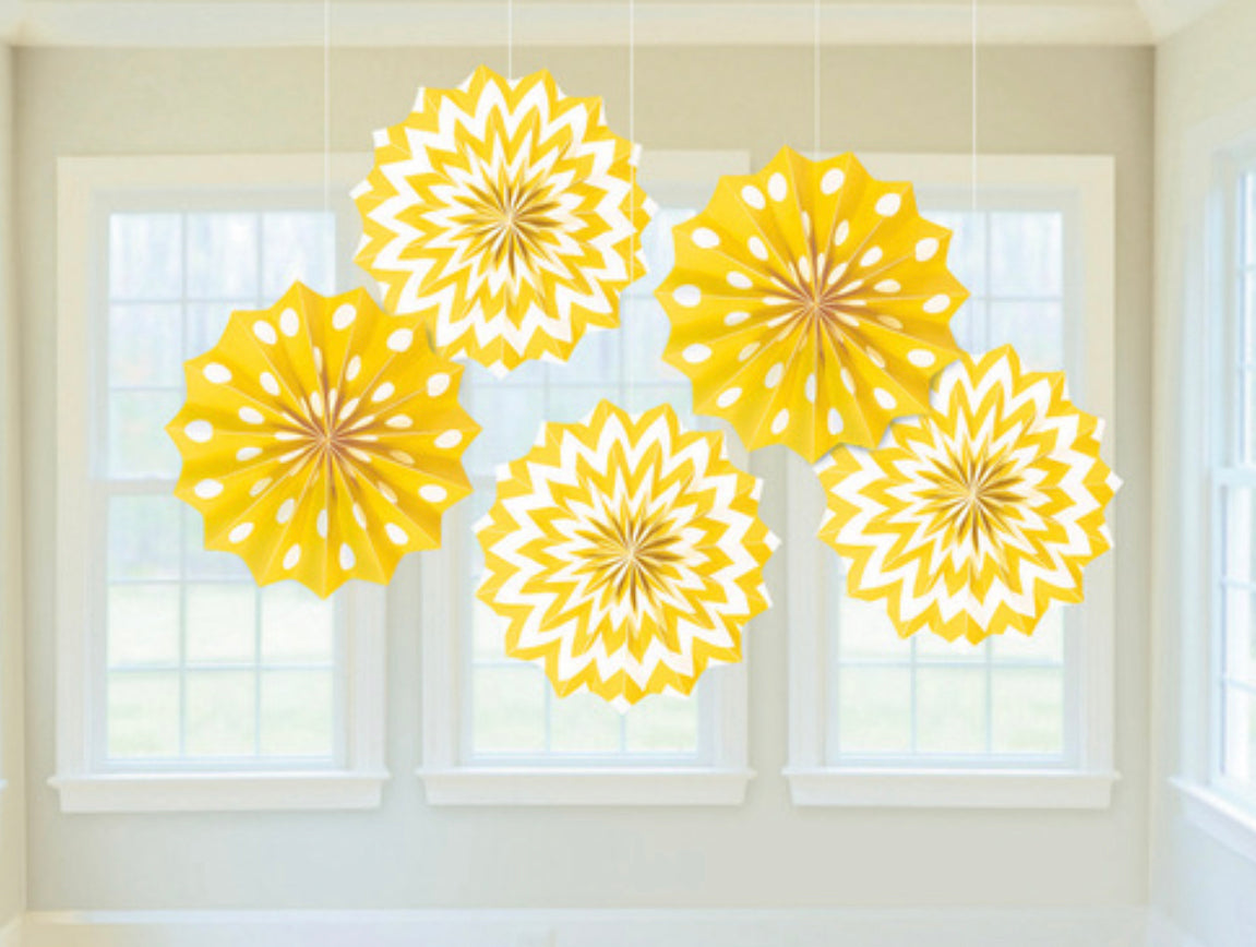 MINI FAN DECORATIONS 5 PACK - YELLOW