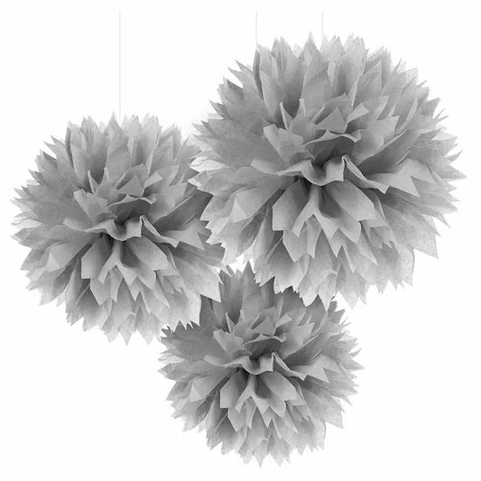 SILVER TISSUE PAPER POM POM BALLS (PACK OF 3)