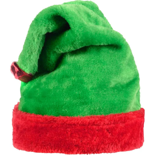 ADULTS GREEN & RED PLUSH ELF HAT WITH JINGLE BELL