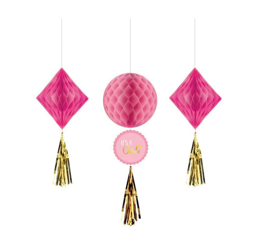 Baby Shower Girl Honeycomb Hanging Decorations 3 Pack