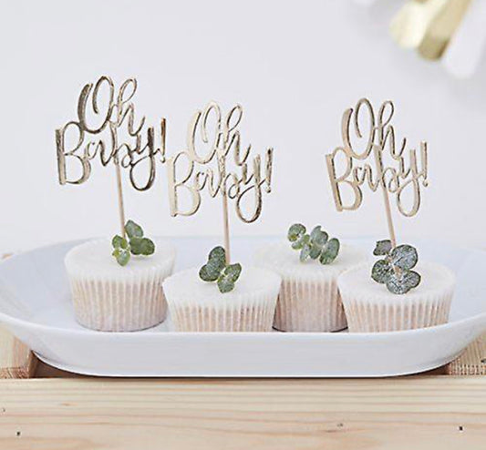 GOLD OH BABY CUPCAKE TOPPERS - PK12