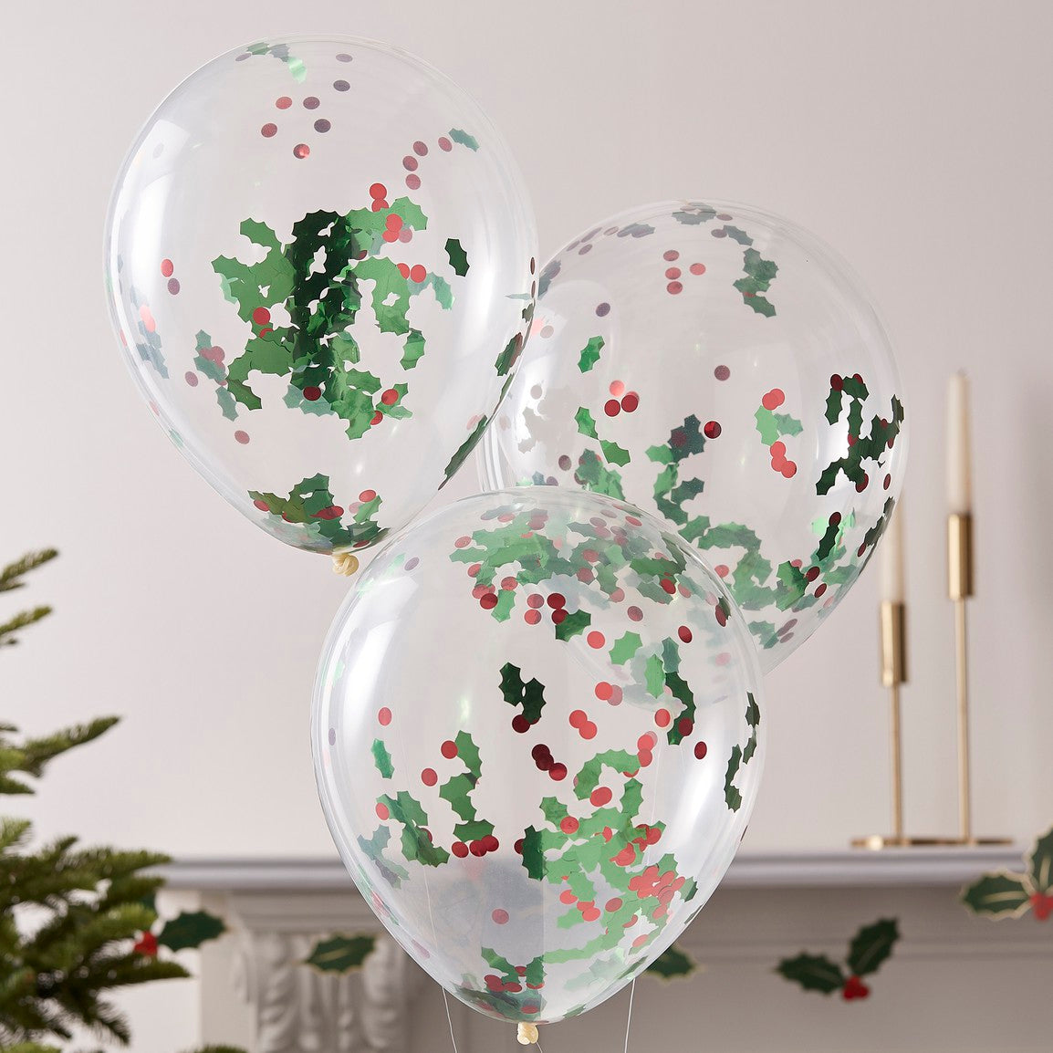 CHRISTMAS HOLLY & BERRIES CONFETTI PARTY BALLOONS PK5