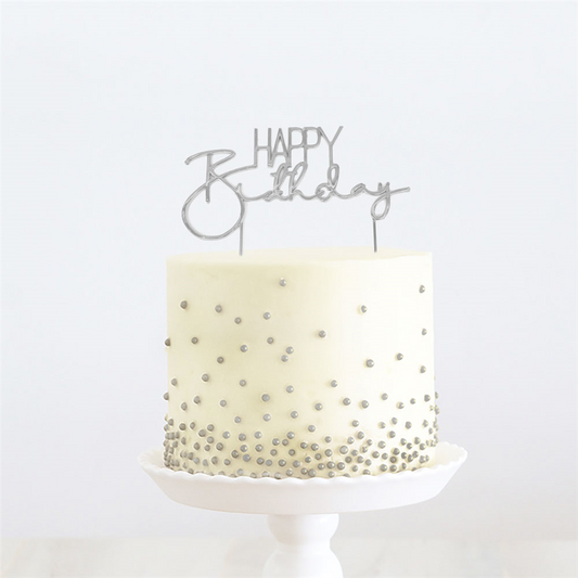 HAPPY BIRTHDAY SILVER METAL CAKE TOPPER