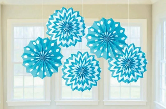 PRINTED PAPER FAN DECORATIONS 5 PACK - BLUE