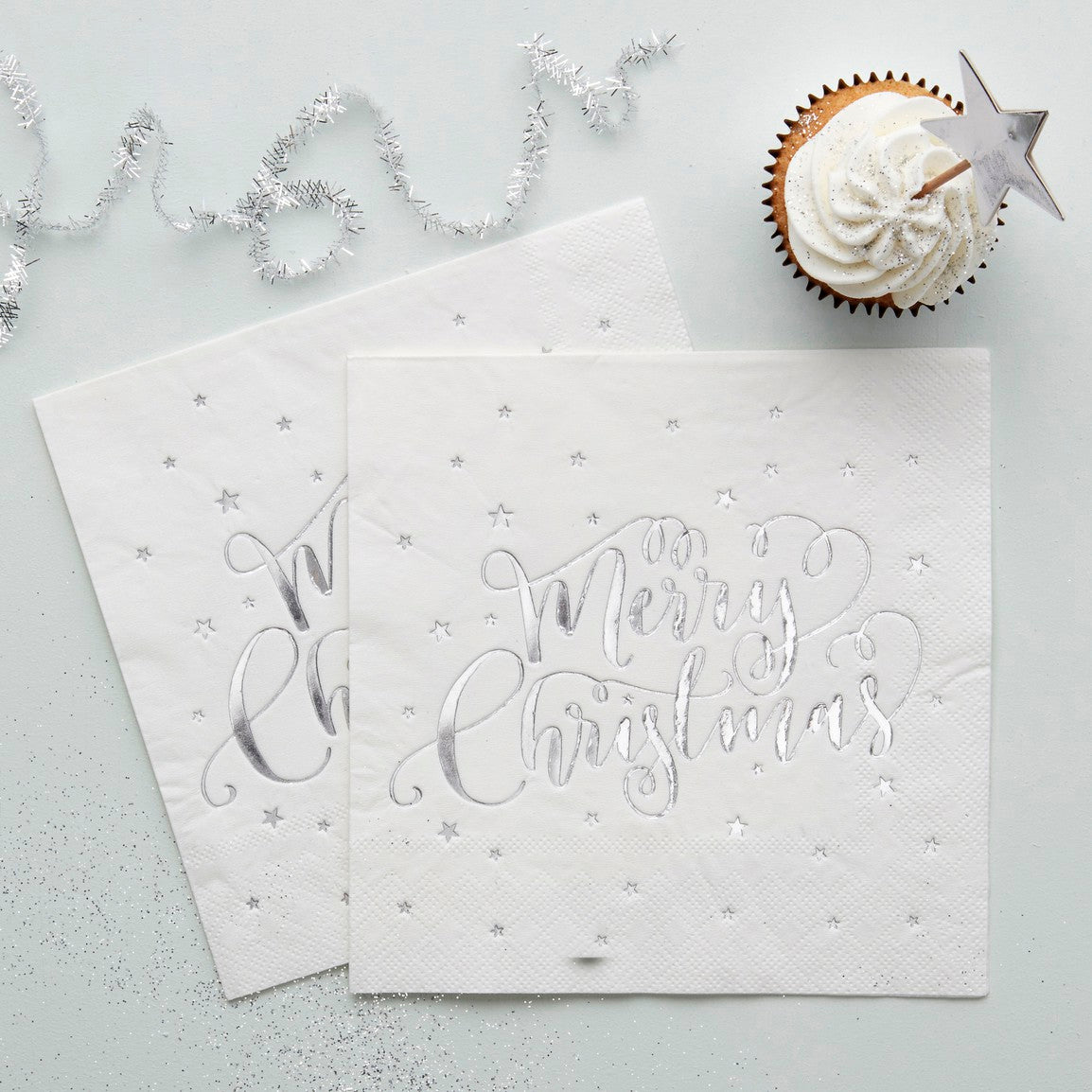 SILVER FOILED MERRY CHRISTMAS NAPKINS PK20