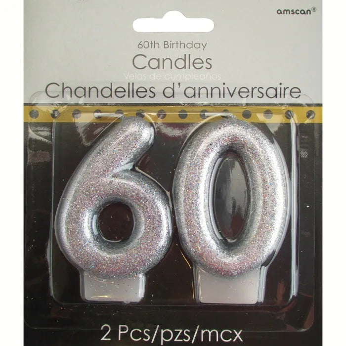 60TH SILVER GLITTER BIRTHDAY CANDLE