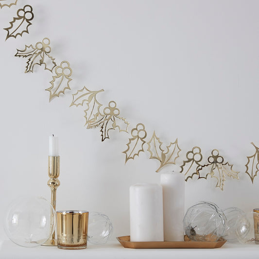 GOLD HOLLY CHRISTMAS BUNTING DECORATION