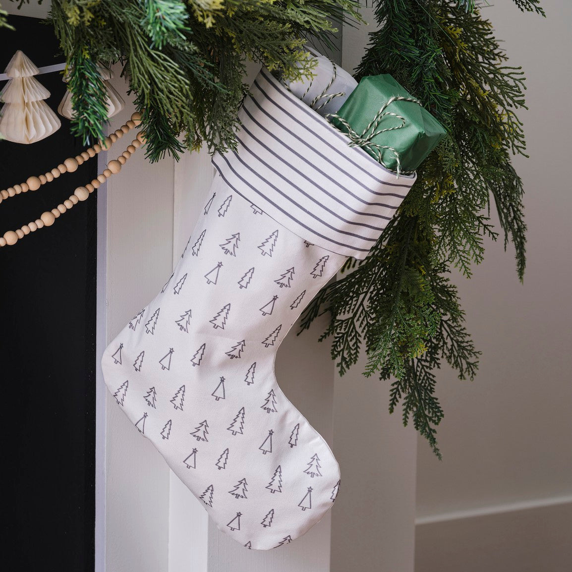 GREY TREE & STRIPE PRINTED CHRISTMAS STOCKING