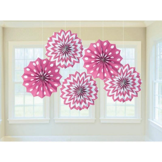 PRINTED PAPER  FAN DECORATIONS 5 PACK - PINK