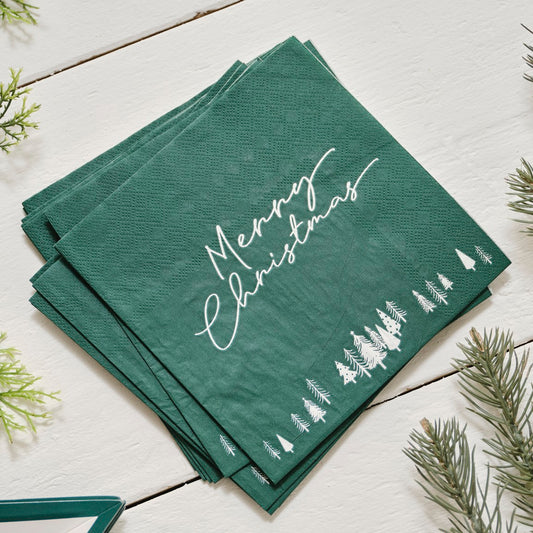 GREEN MERRY CHRISTMAS NAPKINS PK16