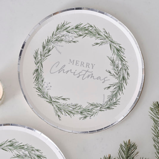 MERRY CHRISTMAS SILVER SCRIPTED PAPER PLATES PK8