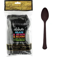 BLACK REUSABLE PLASTIC SPOONS (PACK OF 20)