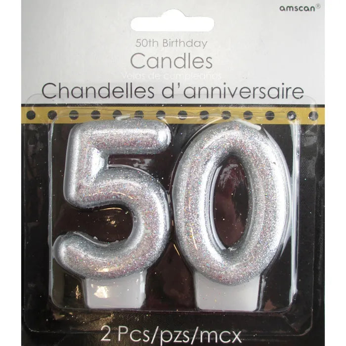 50TH SILVER GLITTER BIRTHDAY CANDLE