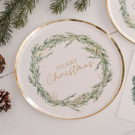 MERRY CHRISTMAS GOLD SCRIPTED PAPER PLATES PK8