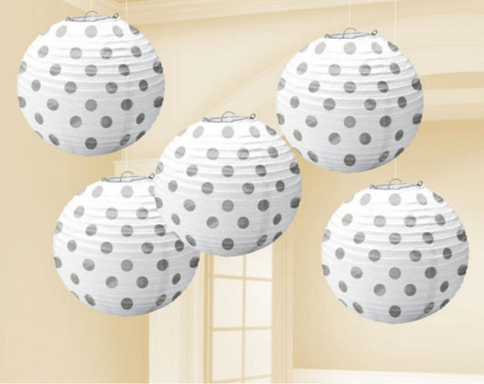 MINI PAPER PAPER LANTERNS 5PK - WHITE WITH SILVER DOT