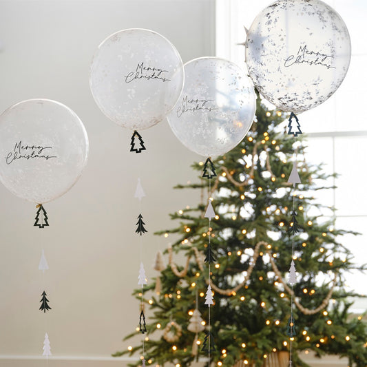 SNOW CONFETTI FILLED MERRY CHRISTMAS BALLOONS WITH TREE BALLOON TAILS PK5