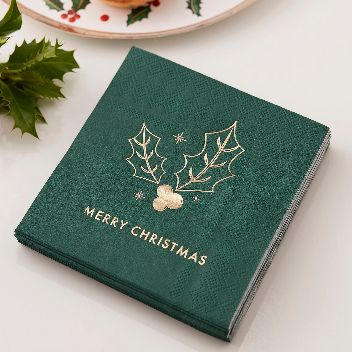 GREEN MERRY CHRISTMAS COCKTAIL NAPKINS PK16